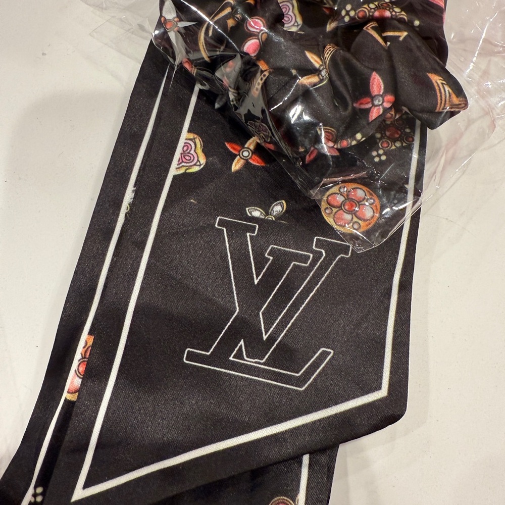 Black Silk Scarf with Floral Accents and Scrunchie
